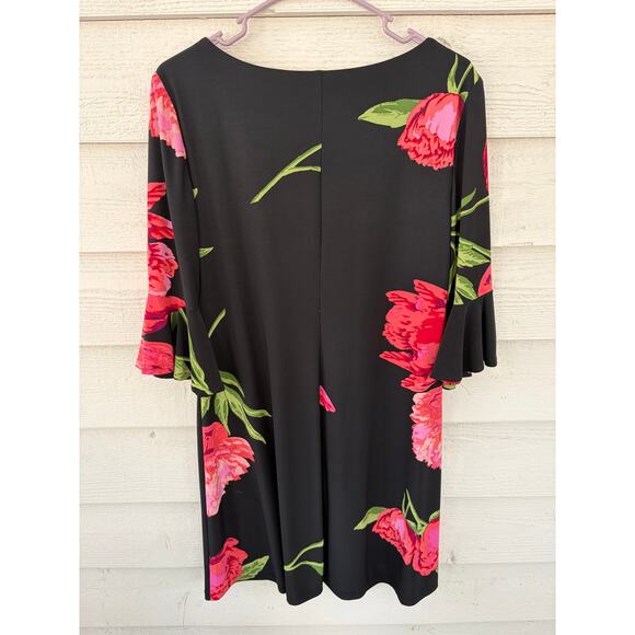 Anne Klein Black Floral Midi Dress Size M Bell Sleeve Statement Print - Picture 6 of 6
